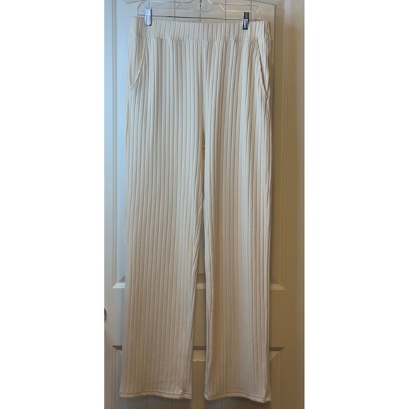 Shein Cream Ribbed Knit  2pc Set V Neck Top Wide Leg Pants Cozy Workwear 2X # - Picture 3 of 16